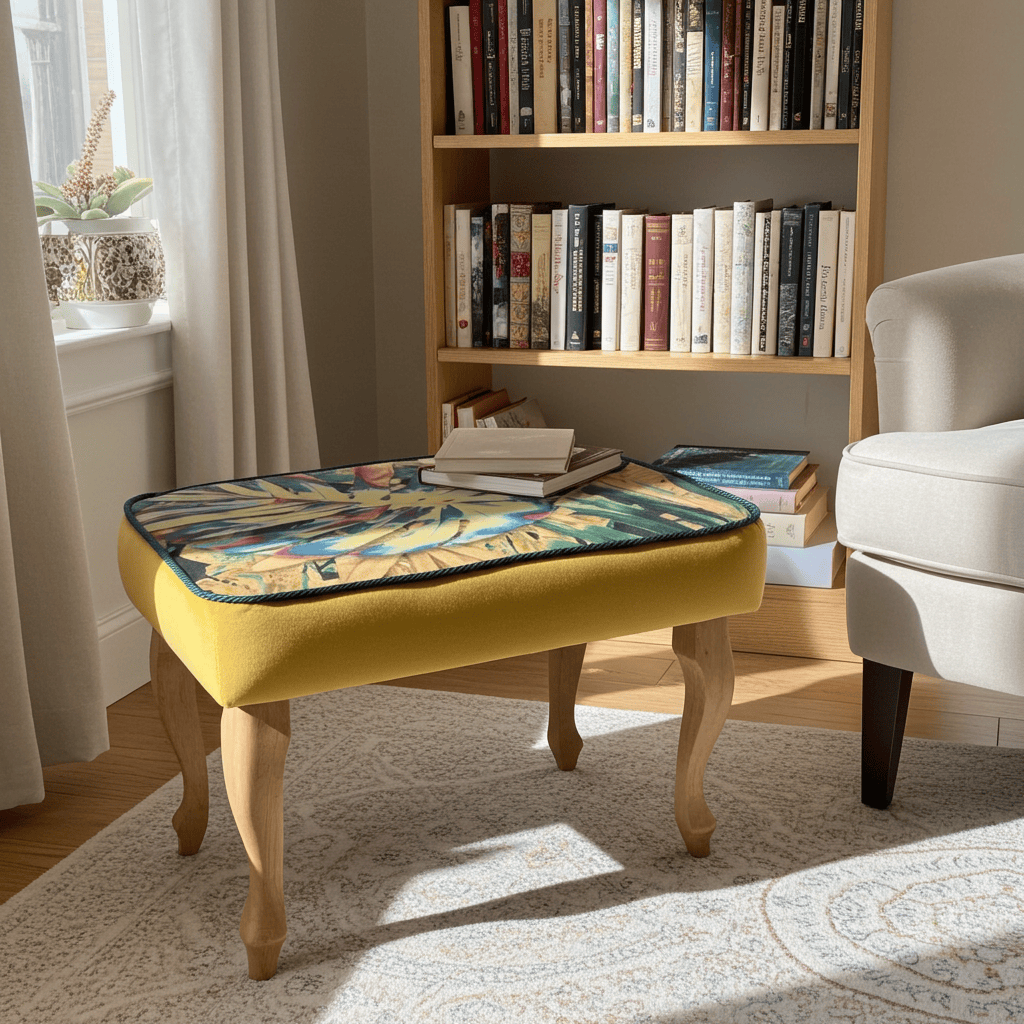 Footstool Yellow Velvet with Artistic Floral Top Natural Beech Legs