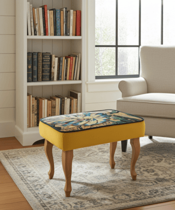 Footstool Yellow Velvet with Artistic Floral Top Natural Beech Legs