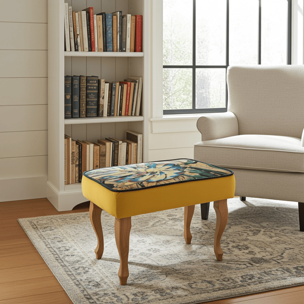 Footstool Yellow Velvet with Artistic Floral Top Natural Beech Legs
