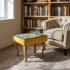 Footstool Yellow Velvet with Artistic Floral Top Natural Beech Legs