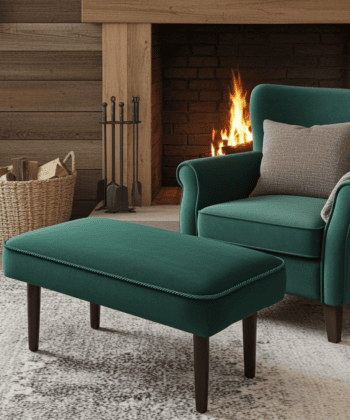 Forest Green Velvet Footstool 60x40 cm – Modern Rectangular Pouffe with Beech Wood Legs