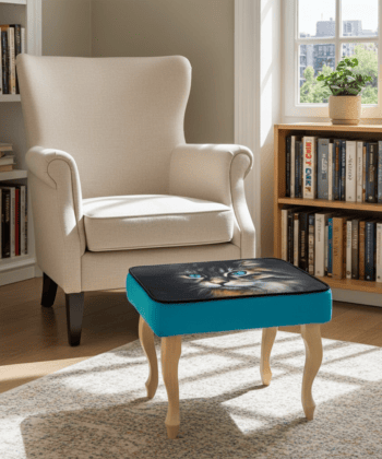 Turquoise Cat Print Velvet Footstool 60x40cm