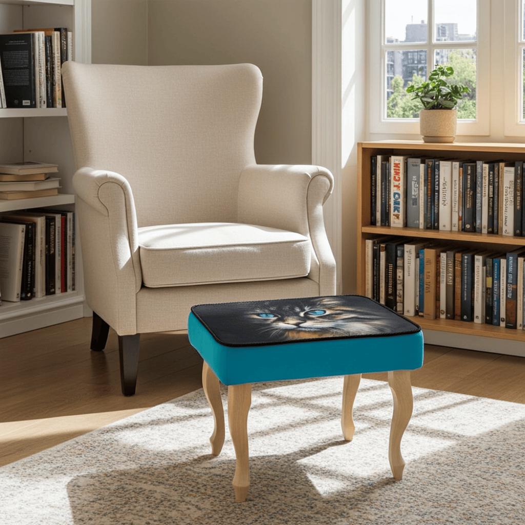 Turquoise Cat Print Velvet Footstool 60x40cm