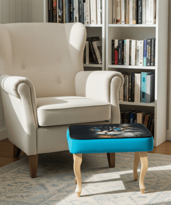 Turquoise Cat Print Velvet Footstool 60x40cm