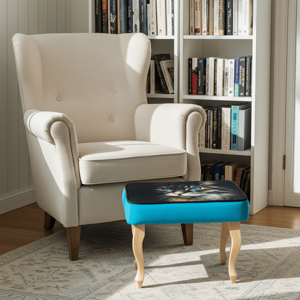 Turquoise Cat Print Velvet Footstool 60x40cm