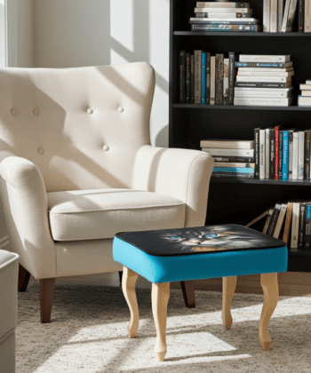 Turquoise Cat Print Velvet Footstool 60x40cm