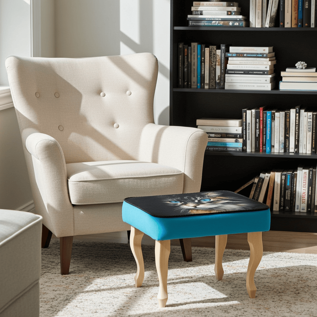 Turquoise Cat Print Velvet Footstool 60x40cm