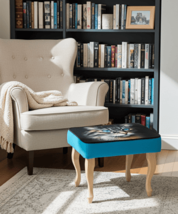 Turquoise Cat Print Velvet Footstool 60x40cm