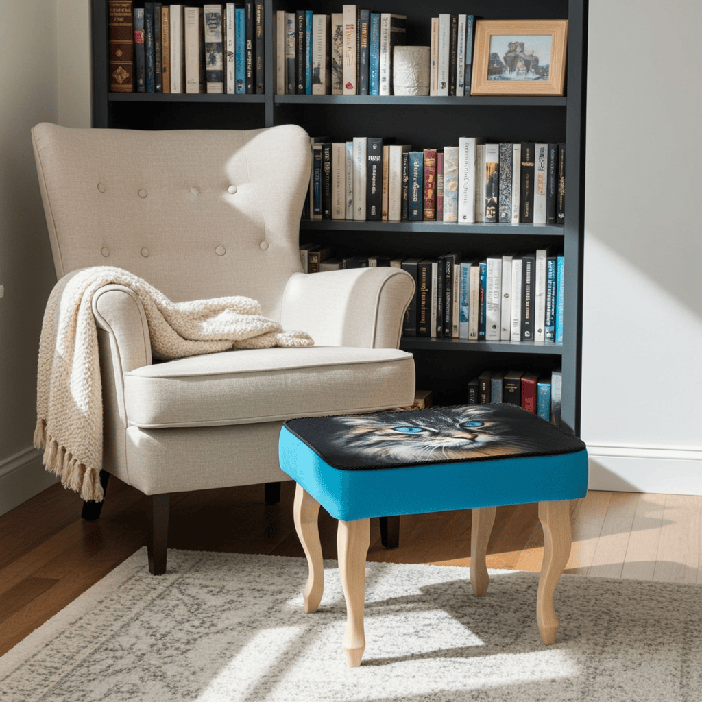Turquoise Cat Print Velvet Footstool 60x40cm