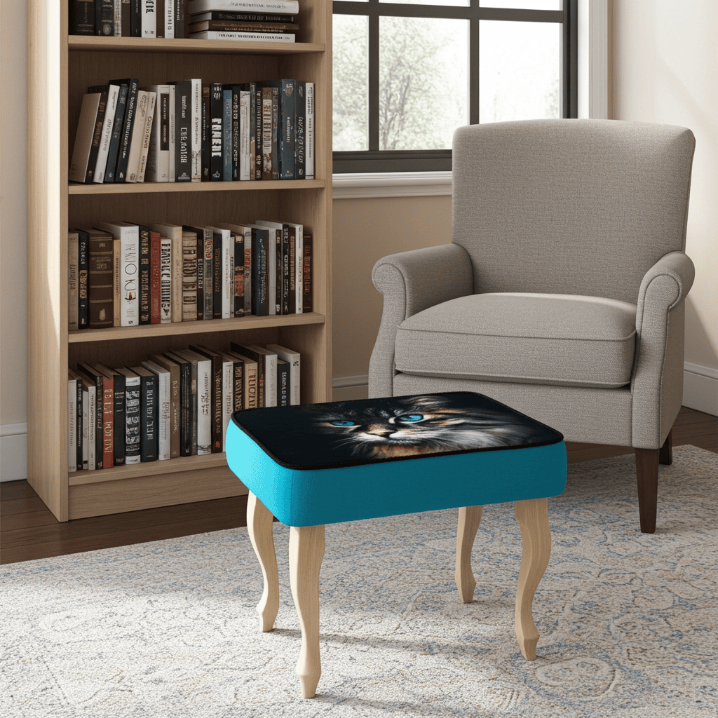 Turquoise Cat Print Velvet Footstool 60x40cm