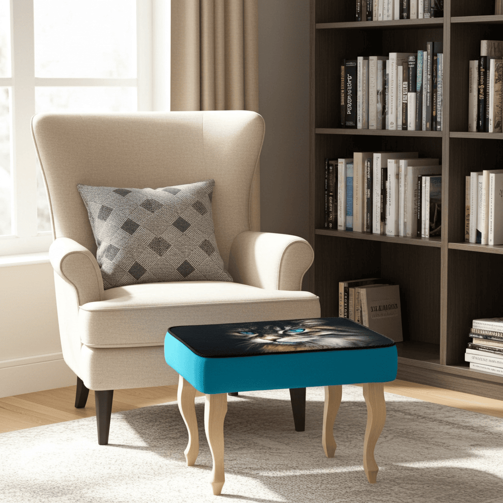 Turquoise Cat Print Velvet Footstool 60x40cm