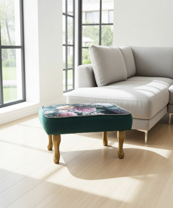 Footstool - Dark Green Velvet with Pink Rose Pattern