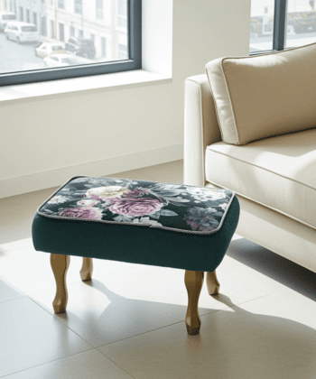 Footstool - Dark Green Velvet with Pink Rose Pattern