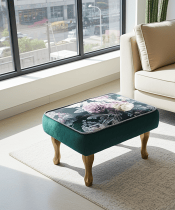 Footstool - Dark Green Velvet with Pink Rose Pattern