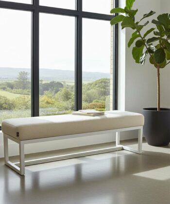 Beige Fabric Bench 140x40cm - White Metal Frame