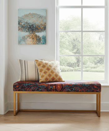 Metal-Framed Bench  Multicolour Abstract Velvet & Copper Frame