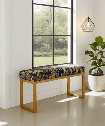 Metal Framed Bench Black Gold Botanical Velvet with Mustard
