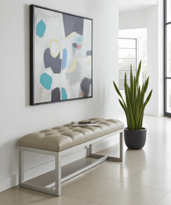 Beige Tufted Bench 140x40cm - White Metal Frame