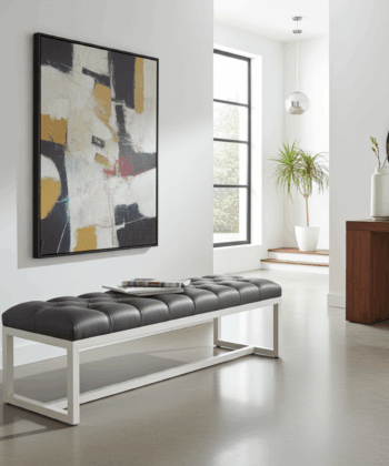 Grey Tufted Bench 140x40cm - White Metal Frame