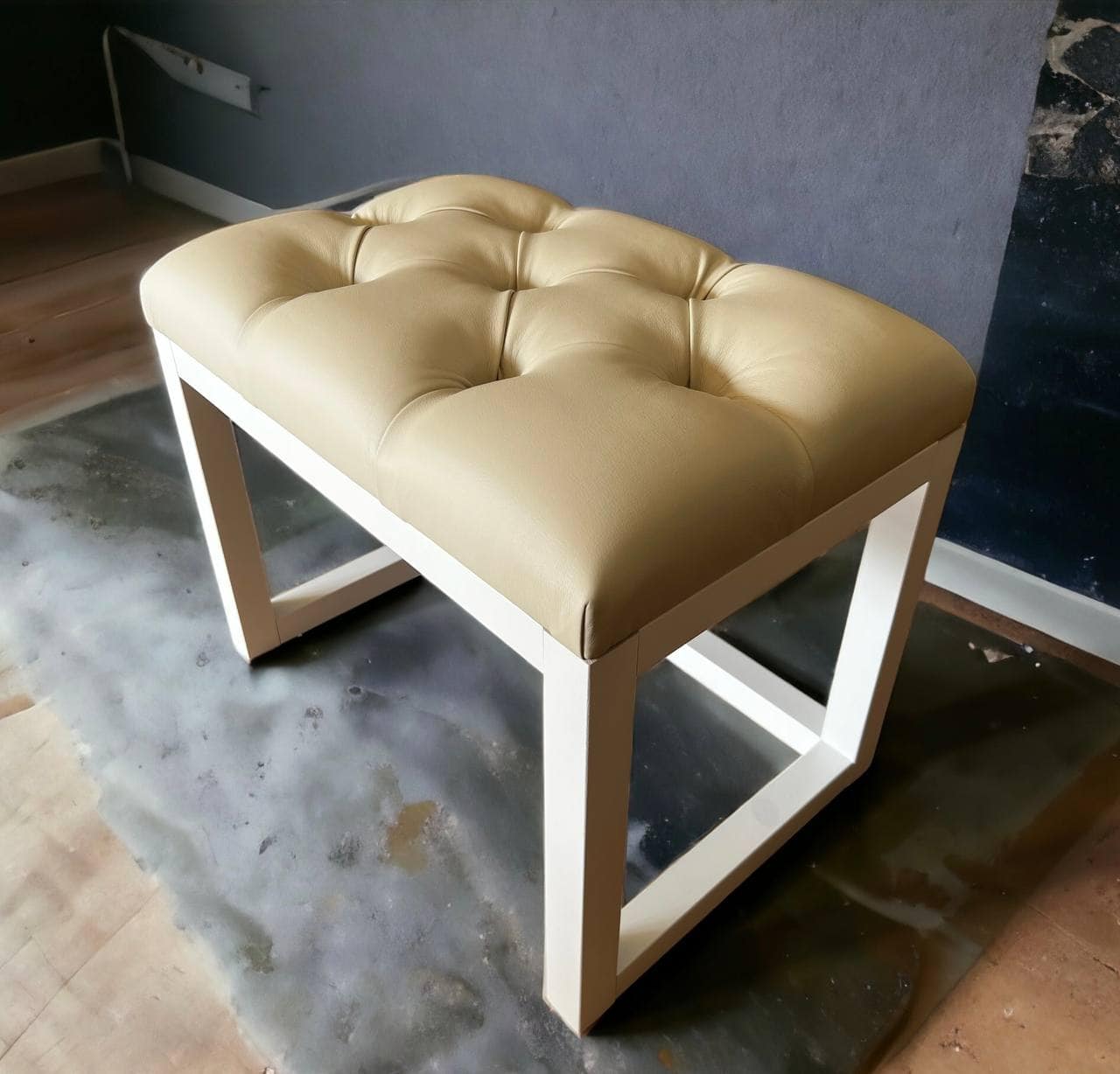 Wooden-Framed Eco Leather Bench Cream with Natural Frame