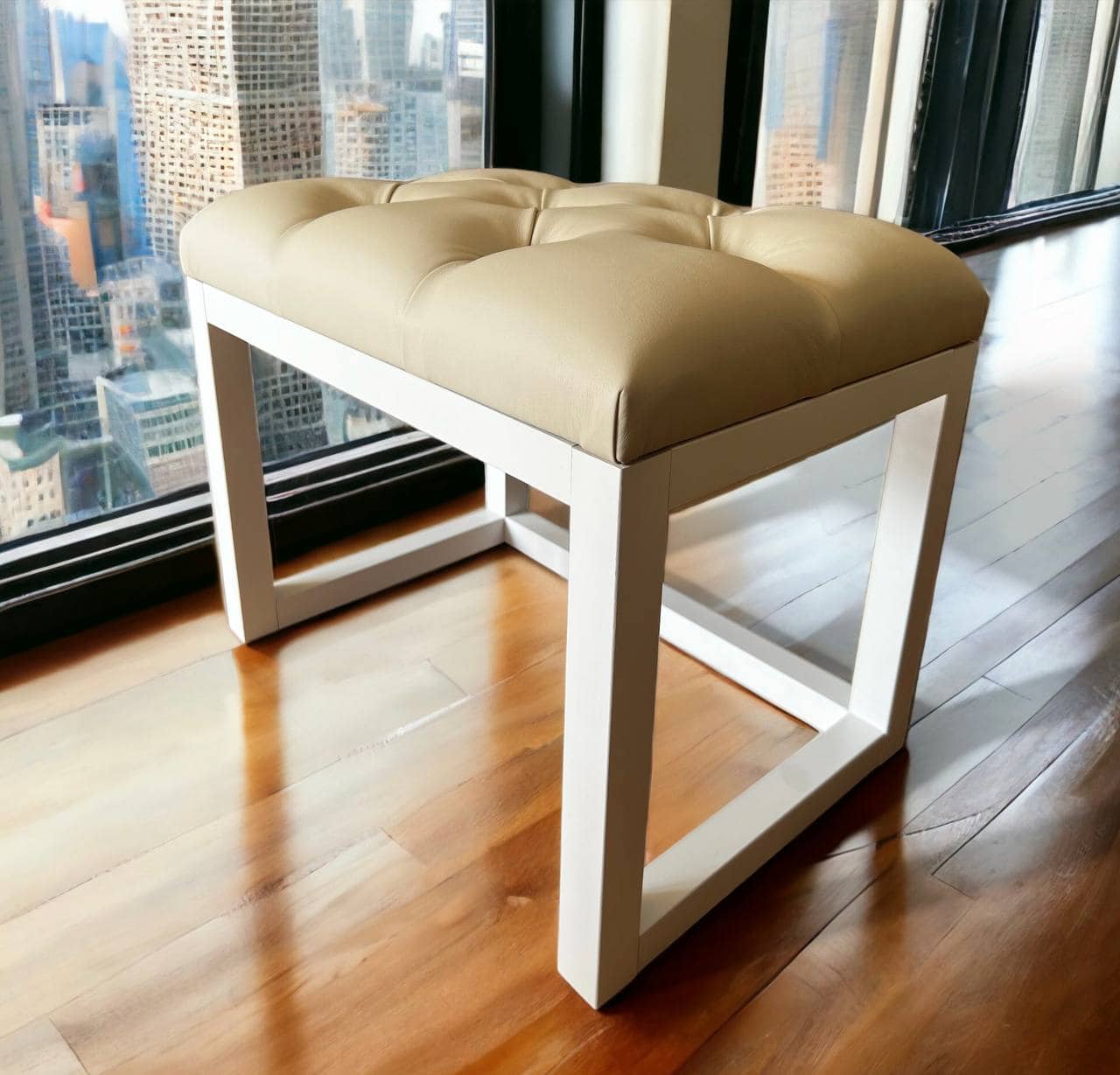 Wooden-Framed Eco Leather Bench Cream with Natural Frame
