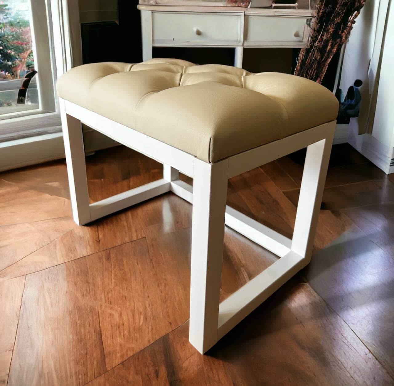 Wooden-Framed Eco Leather Bench Cream with Natural Frame