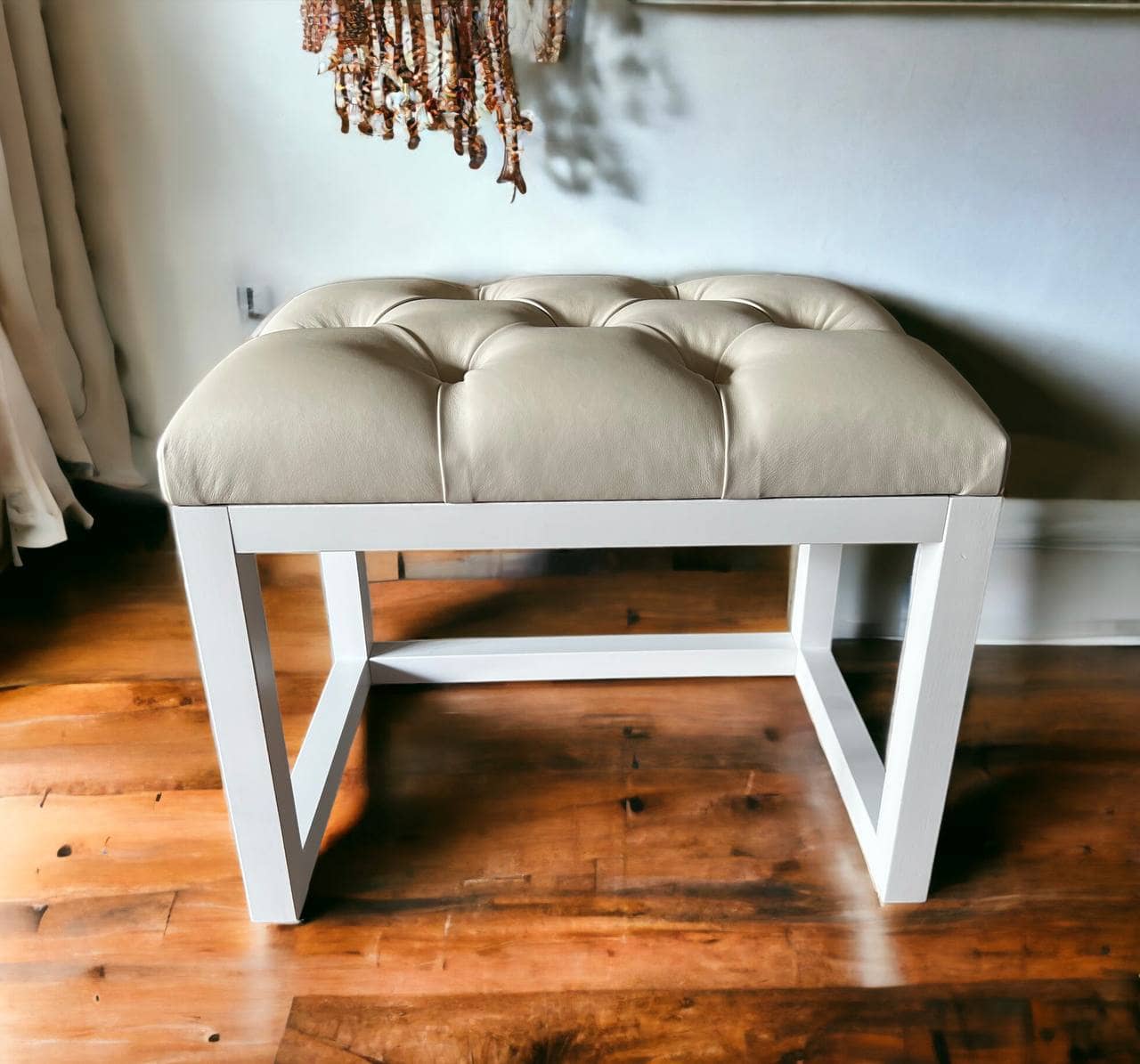 Wooden-Framed Eco Leather Bench Cream with Natural Frame