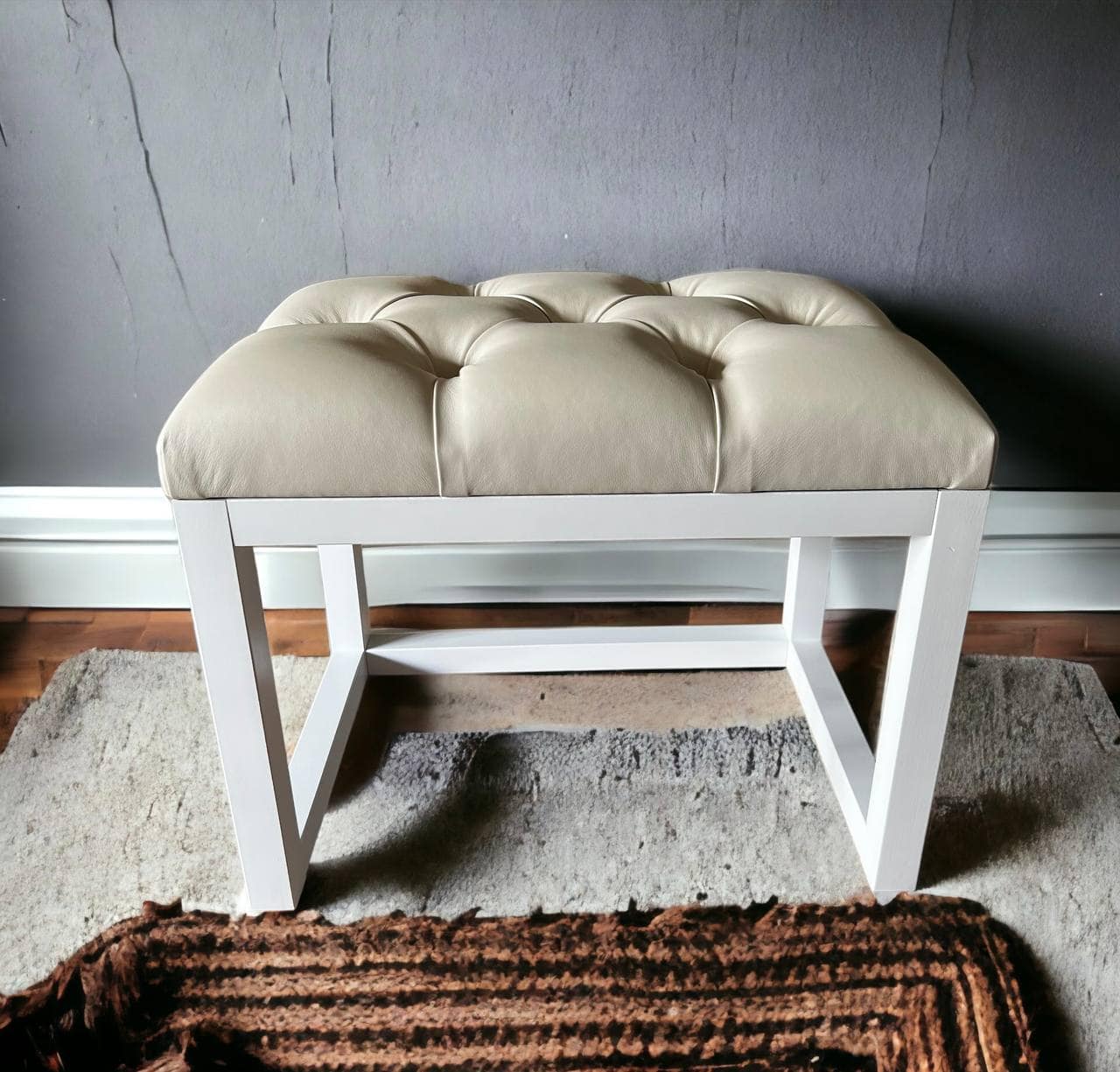Wooden-Framed Eco Leather Bench Cream with Natural Frame