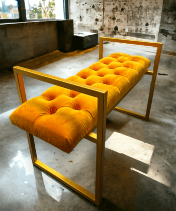 Gold Metal-Framed Bench Orange Velvet Luxury Design