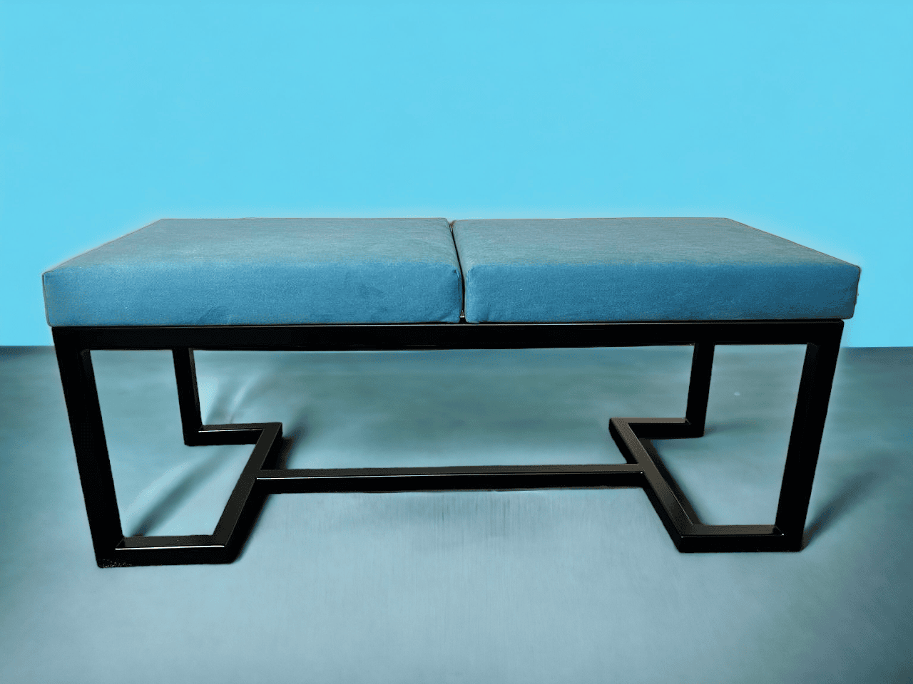 Metal-Framed Bench Turquoise Blue Velvet with Black Frame