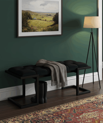 Metal-Framed Bench Black Button-Tufted Velvet Z-Frame Design