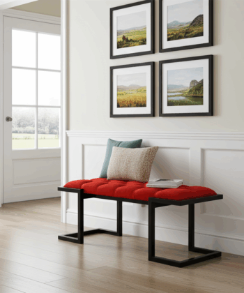 Metal-Framed Bench Vibrant Red Velvet Black Industrial Frame