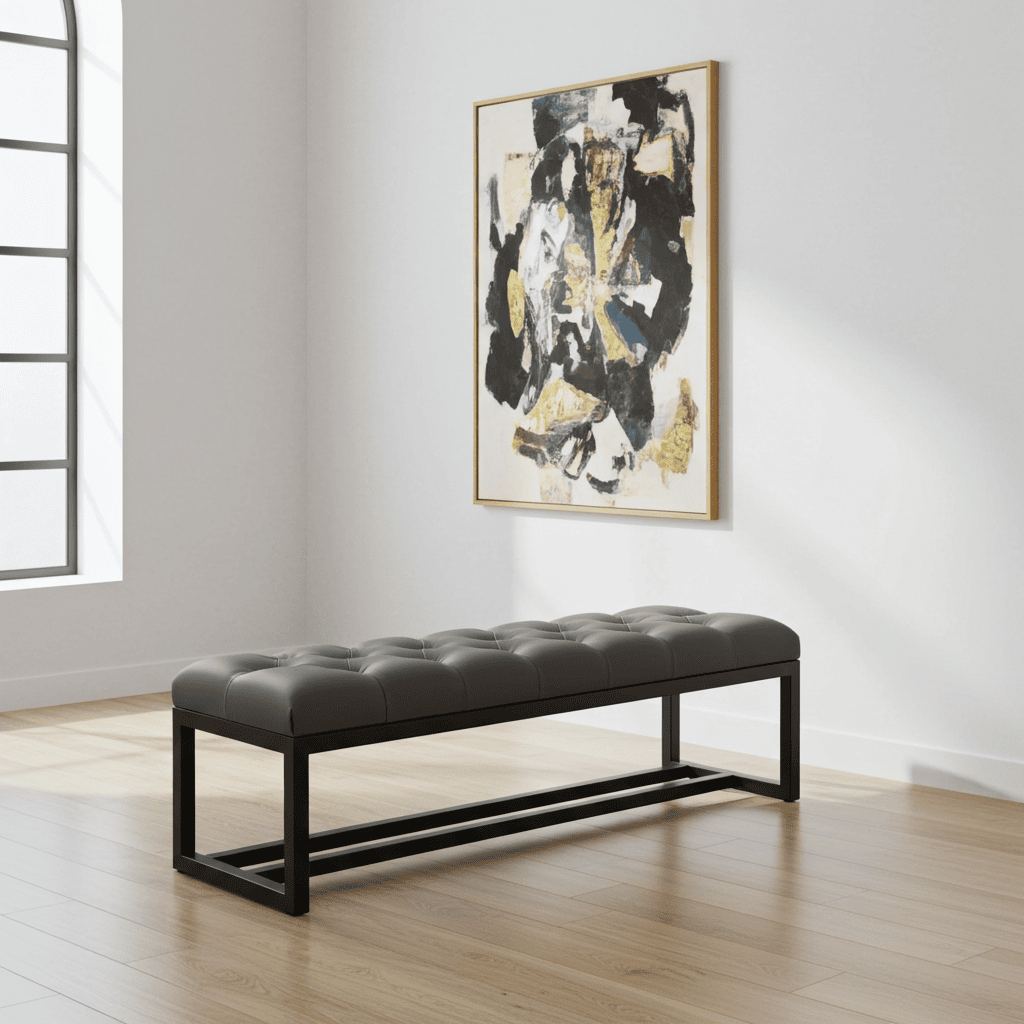 Dark Grey Eco-Leather Bench 140x40cm - Black Metal Frame