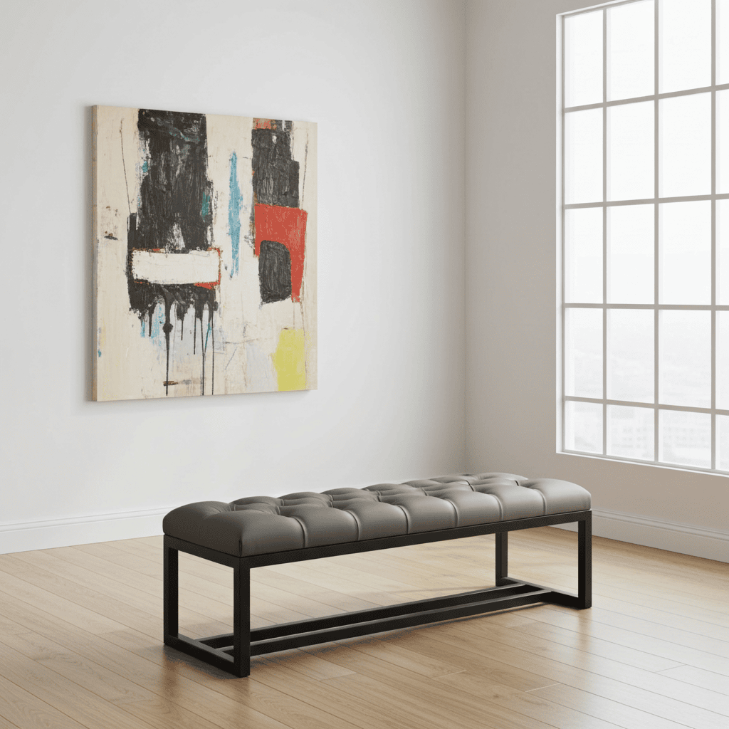 Dark Grey Eco-Leather Bench 140x40cm - Black Metal Frame