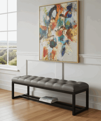 Dark Grey Eco-Leather Bench 140x40cm - Black Metal Frame
