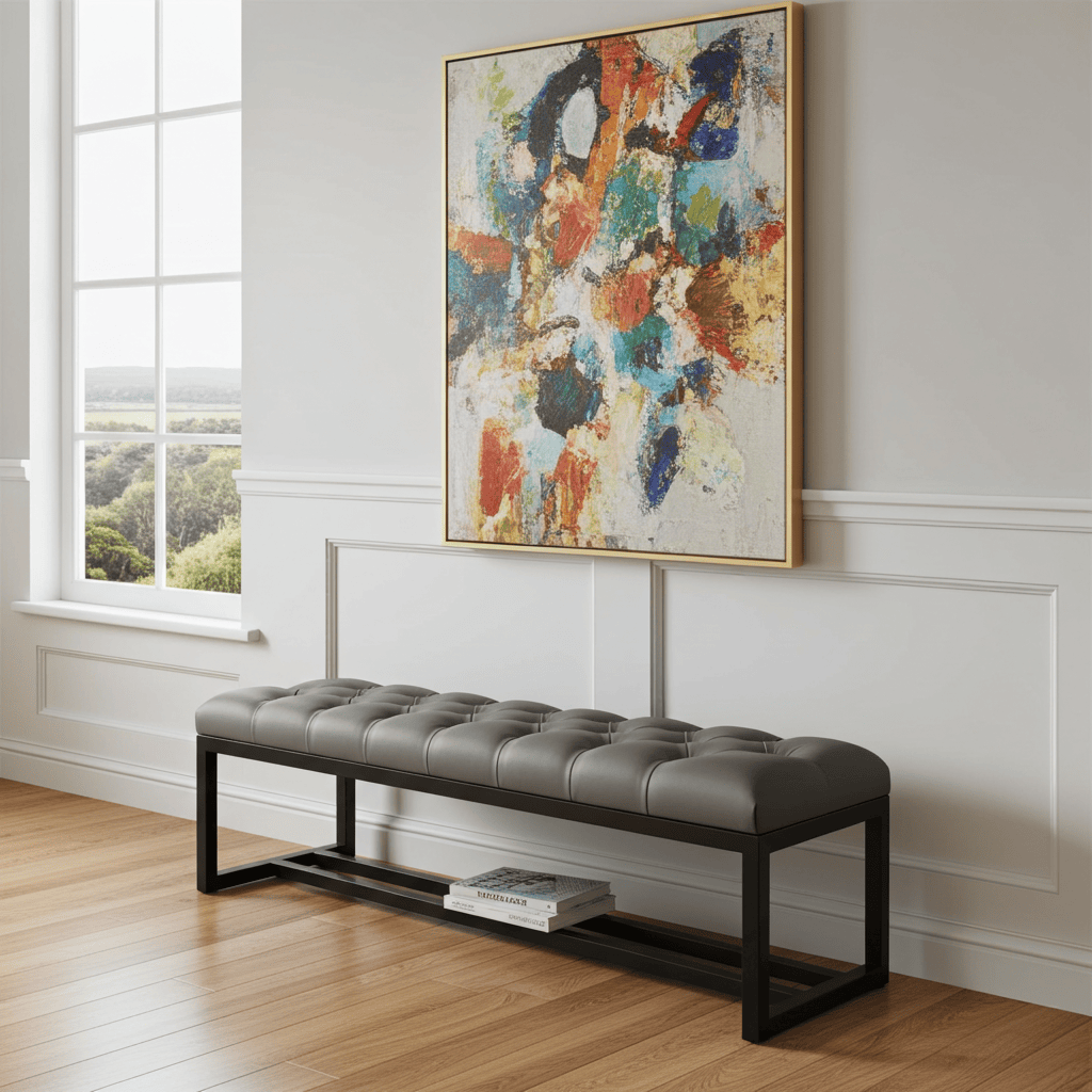 Dark Grey Eco-Leather Bench 140x40cm - Black Metal Frame