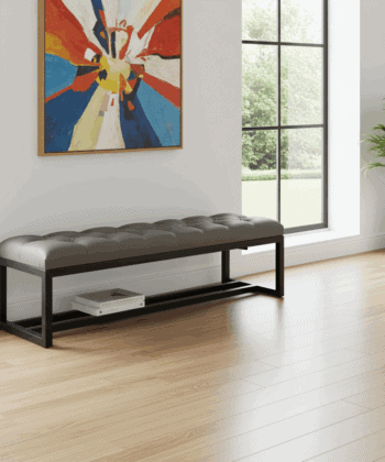 Dark Grey Eco-Leather Bench 140x40cm - Black Metal Frame