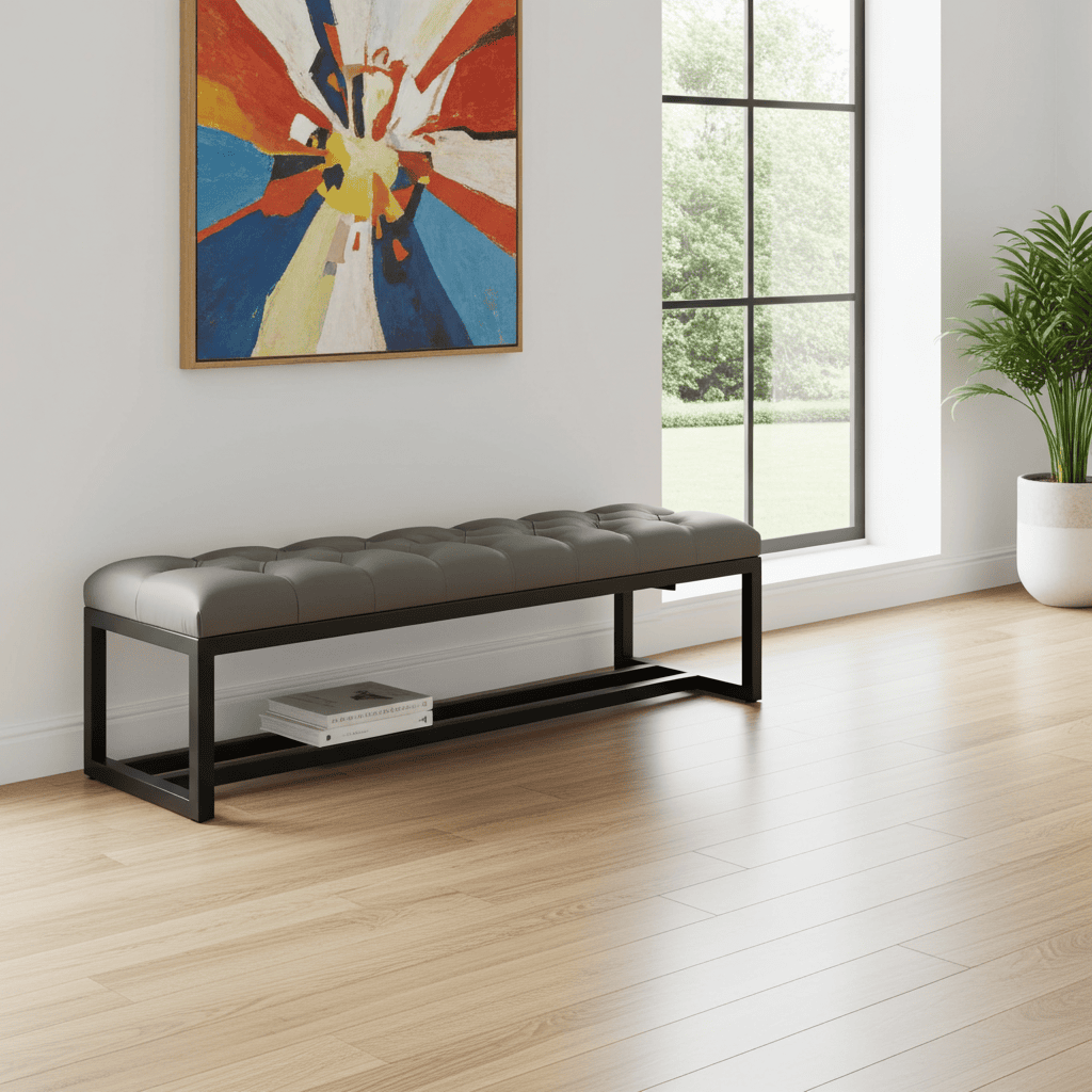Dark Grey Eco-Leather Bench 140x40cm - Black Metal Frame