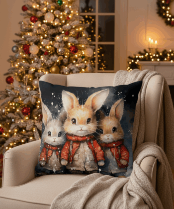 Handcrafted Christmas Pillow with Winter Bunnies