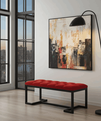 Metal-Framed Bench 100x40cm – Red Velvet & Black Frame