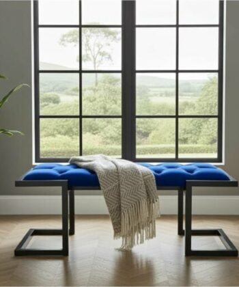 Metal-Framed Bench 100x40cm Royal Blue Velvet Black Frame