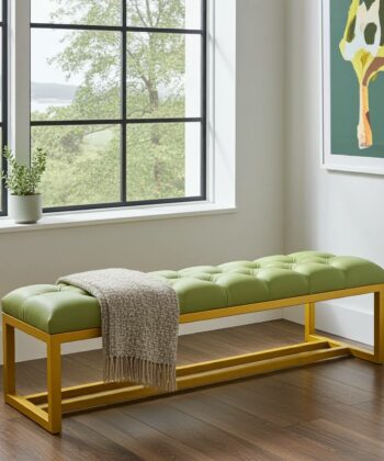 Metal-Framed Bench 140x40cm Green  Eco Leather / Gold Frame