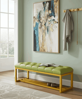 Metal-Framed Bench 140x40cm Green  Eco Leather / Gold Frame