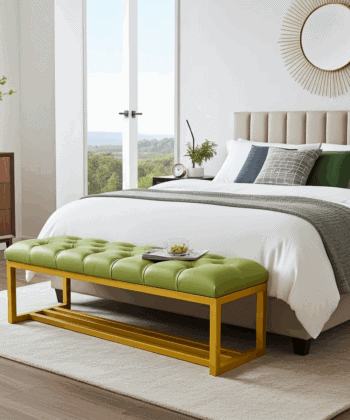 Metal-Framed Bench 140x40cm Green  Eco Leather / Gold Frame