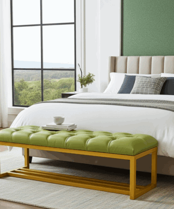 Metal-Framed Bench 140x40cm Green  Eco Leather / Gold Frame