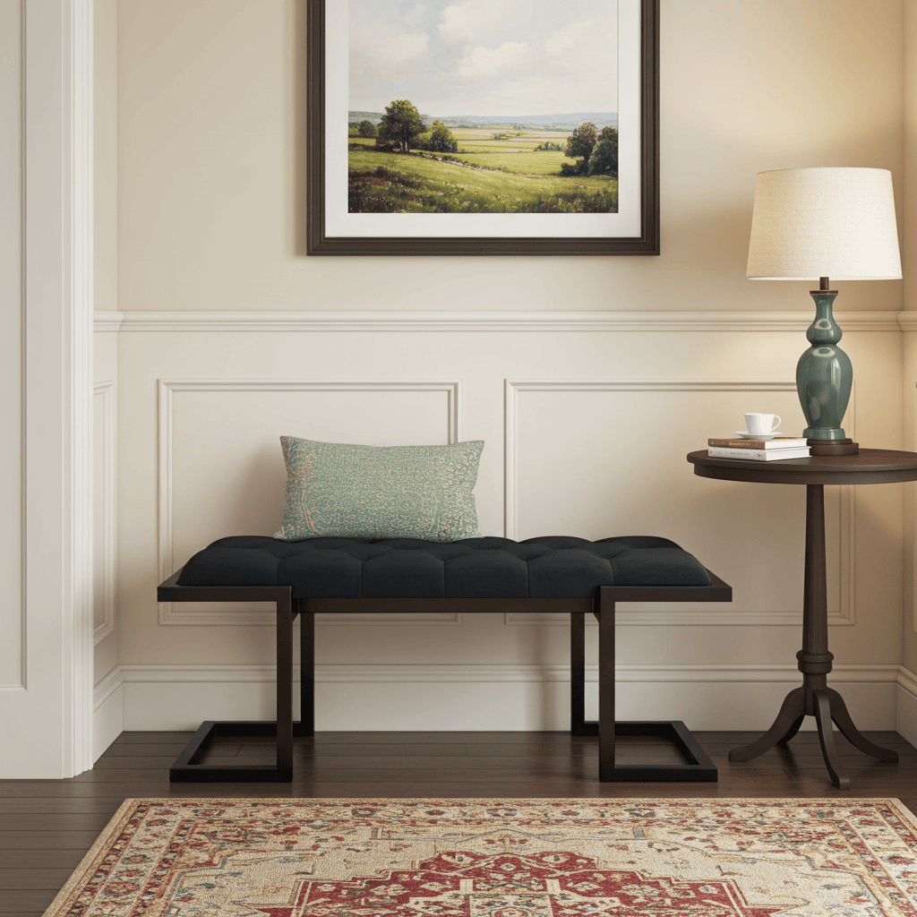 Metal-Framed Bench Black Button-Tufted Velvet Z-Frame Design