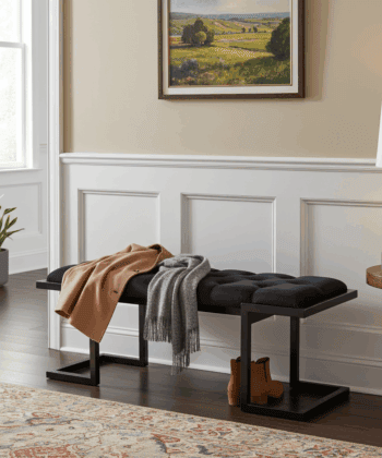 Metal-Framed Bench Black Button-Tufted Velvet Z-Frame Design