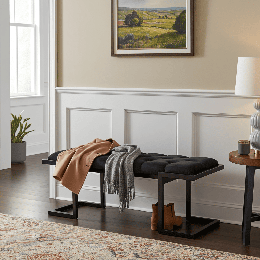 Metal-Framed Bench Black Button-Tufted Velvet Z-Frame Design