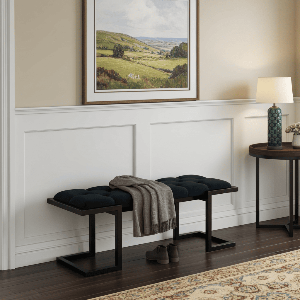 Metal-Framed Bench Black Button-Tufted Velvet Z-Frame Design