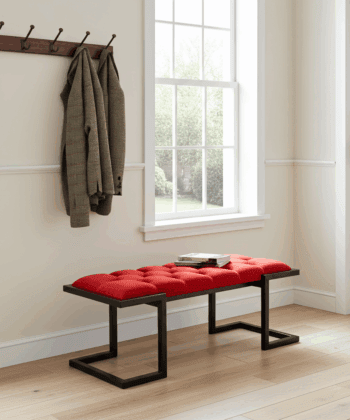 Metal-Framed Bench Vibrant Red Velvet Black Industrial Frame